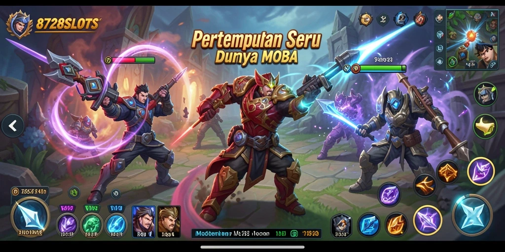 Tangkapan layar menunjukkan pertarungan seru dalam 8728SLOTS, dengan karakter yang aktif di arena.