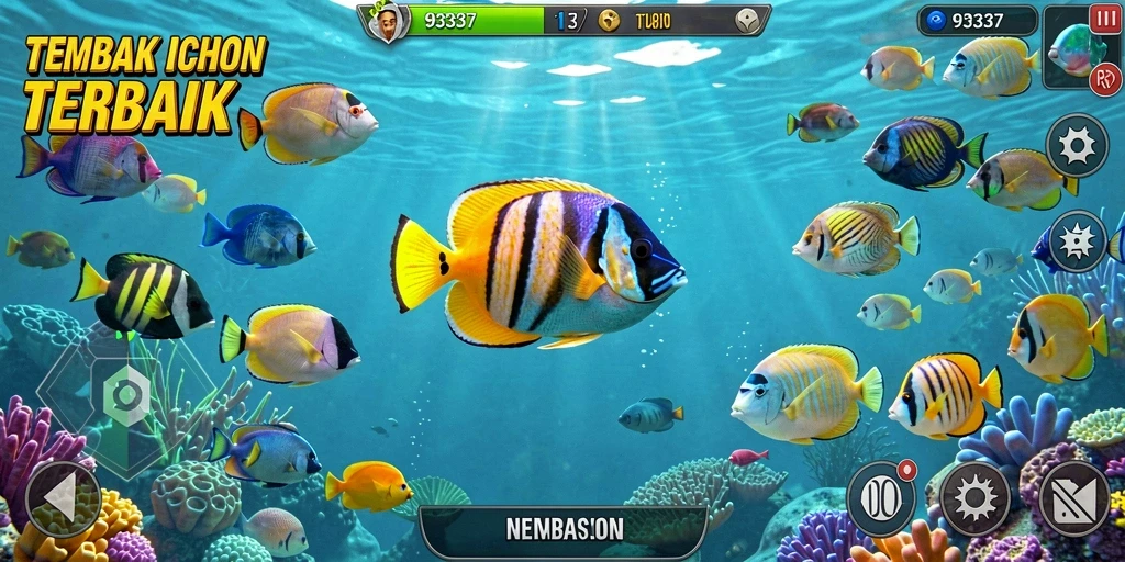 Gameplay seru pada 93337 dengan berbagai ikan untuk ditangkap.