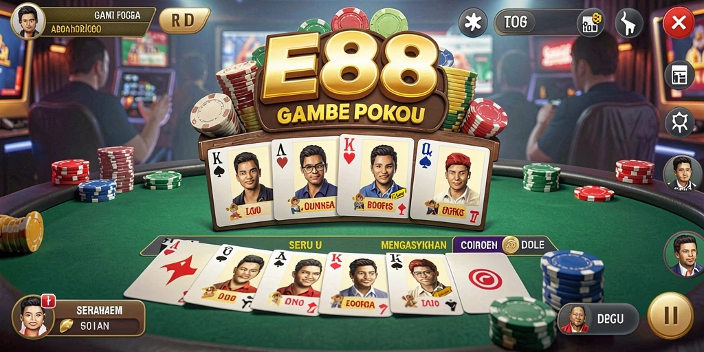 Tampilan gameplay Poker yang menegangkan di E88.