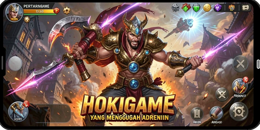Tangkapan layar HOKIGAME menampilkan pertarungan seru antara karakter-karakter unik.