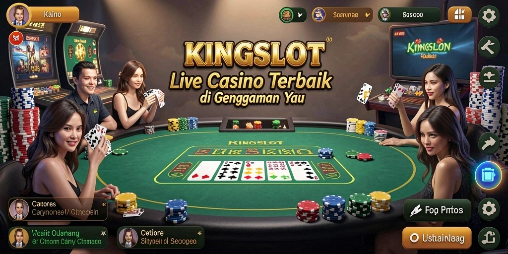 Menampilkan gameplay KINGSLOT dengan dealer langsung dan interaksi pemain.