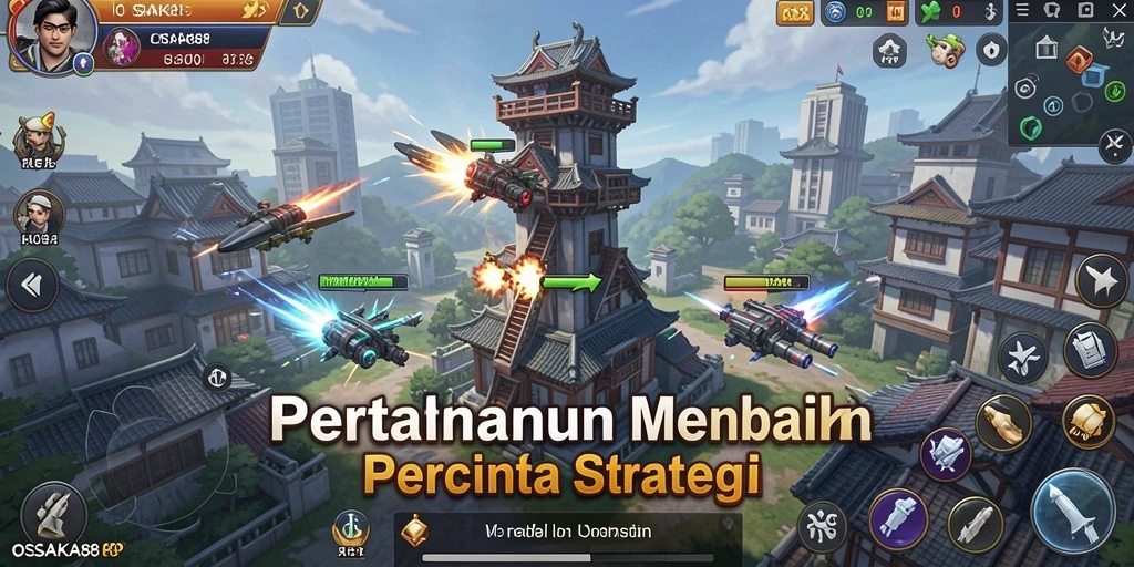 Tangkapan layar gameplay OSAKA88 dengan menara yang siap mempertahankan kerajaan.